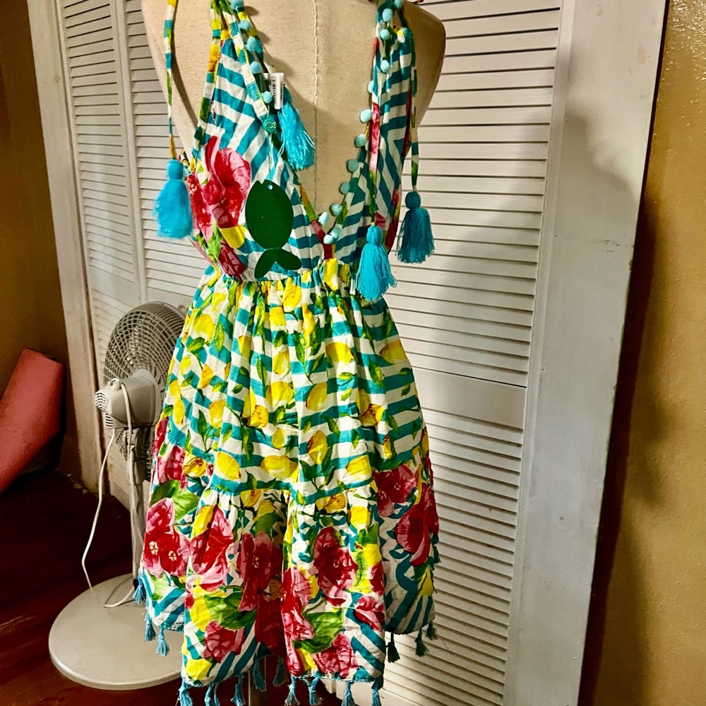 Vibrant Floral & Lemon Print Sundress with Pom Trim - Picture 3 of 6